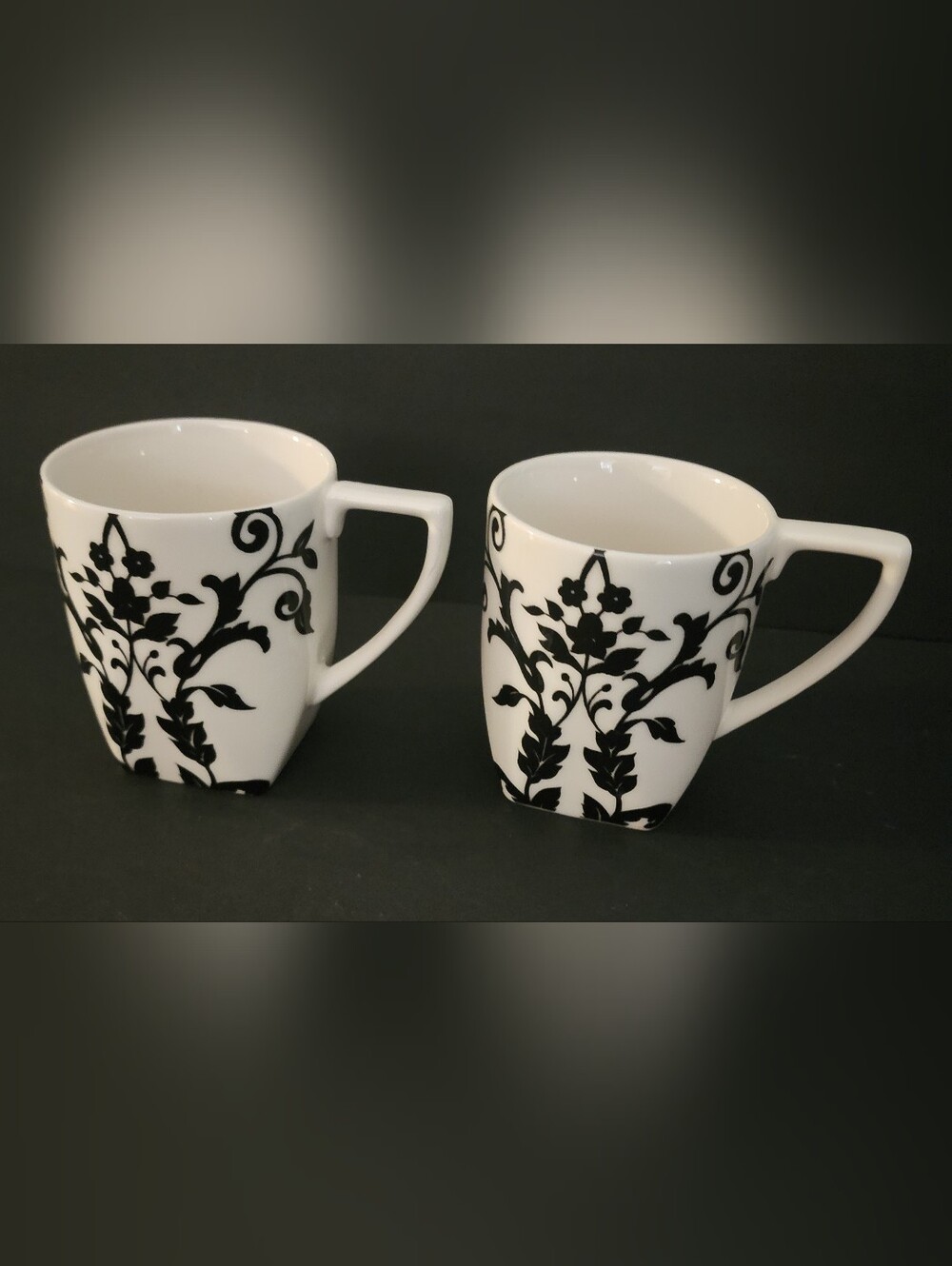 Set Coventry Floral Coffee Cups, 16oz, Fine Porcelain China, Black & White